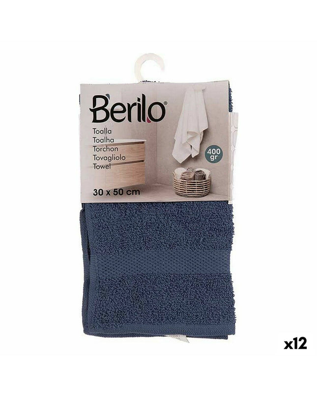 Set of 12 Berilo blue bath towels, 80% cotton and 20% polyester, 30x50 cm, ideal for home and bathroom use.