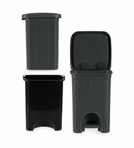 Six gray Stefanplast Elegance plastic pedal bins, 20 L each, with sturdy lids for home kitchen storage and waste organization.