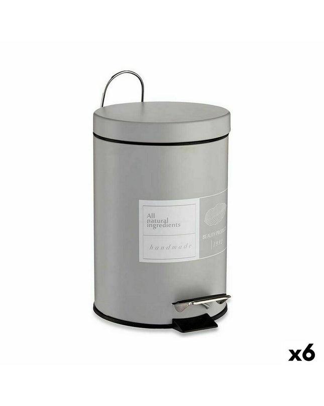 Set of six Berilo gray plastic 3L pedal bins for home, kitchen, storage, and organization.