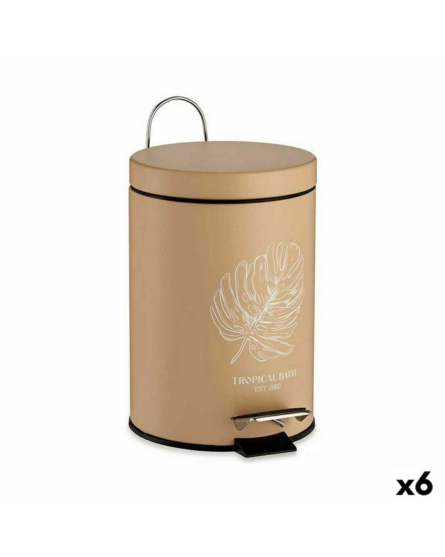 Berilo Tropical bath Pedaalemmer in beige with steel handle, 3L plastic waste bin, set of 6 for home and kitchen organization.