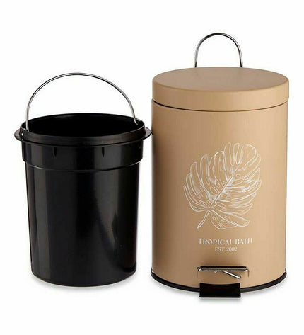Set of six beige Berilo Tropical Bath plastic pedal bins with steel lids, 3-liter capacity, for home organization and storage.