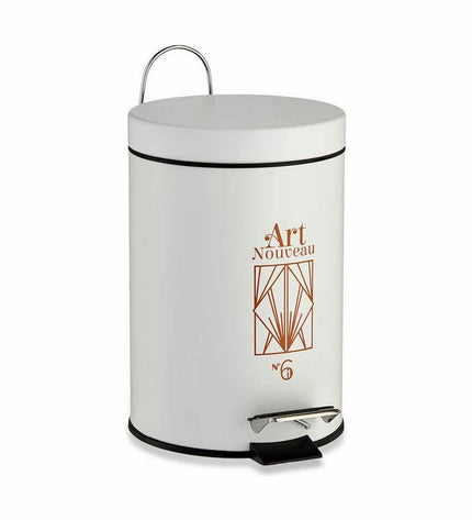 Set of six Berilo Art Nouveau white and bronze 3L plastic pedal bins for home and kitchen storage, with steel accents.