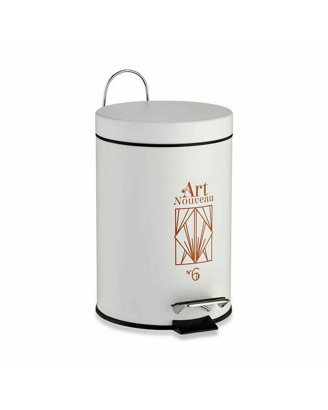 Set of six Berilo Art Nouveau white and bronze 3L plastic pedal bins for home and kitchen storage, with steel accents.