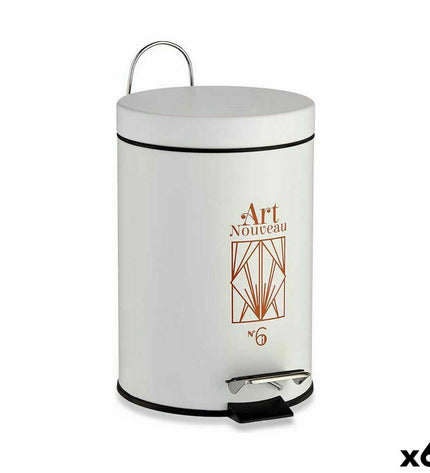 Set of six Berilo Art Nouveau white and bronze plastic pedal bins with 3L capacity for home storage and organization.