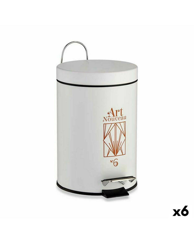 Set of six Berilo Art Nouveau white and bronze plastic pedal bins with 3L capacity for home storage and organization.
