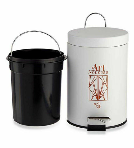 Set of six Berilo Art Nouveau white and bronze 3L plastic pedal bins for household kitchen storage and organization.
