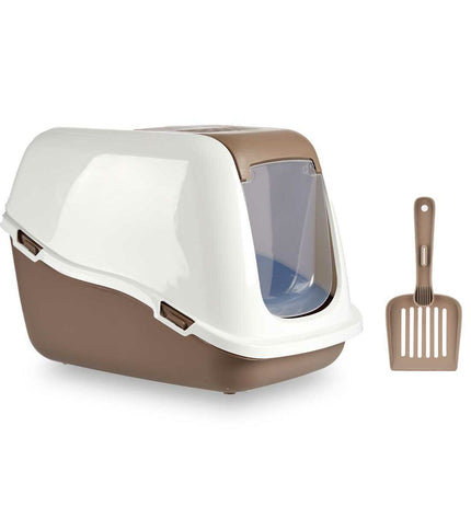 Mascow beige plastic cat litter box set with six units, measuring 39.7 x 57 x 39 cm and 39.7 x 32.5 x 57 cm, suitable for cats.