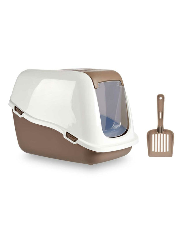 Mascow beige plastic cat litter box set with six units, measuring 39.7 x 57 x 39 cm and 39.7 x 32.5 x 57 cm, suitable for cats.