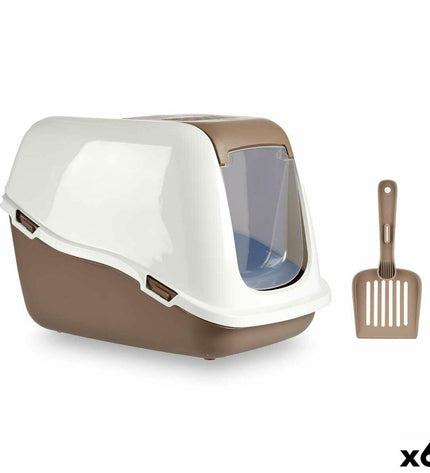 Mascow beige plastic cat litter box with dimensions 39.7 x 57 x 39 cm, set of 6, suitable for indoor cats.
