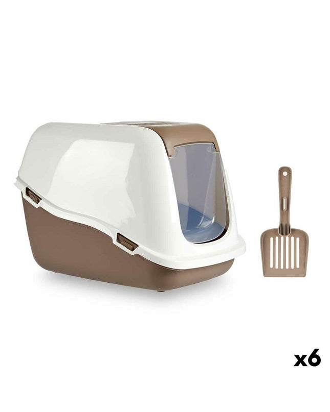 Mascow beige plastic cat litter box with dimensions 39.7 x 57 x 39 cm, set of 6, suitable for indoor cats.