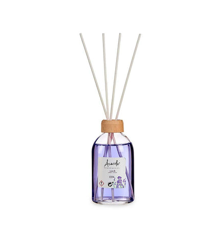 Acorde Acorde Lavendel parfum sticks in a 100 ml set, displayed with 12 lavender-scented reed diffuser sticks for home decor and ambiance.