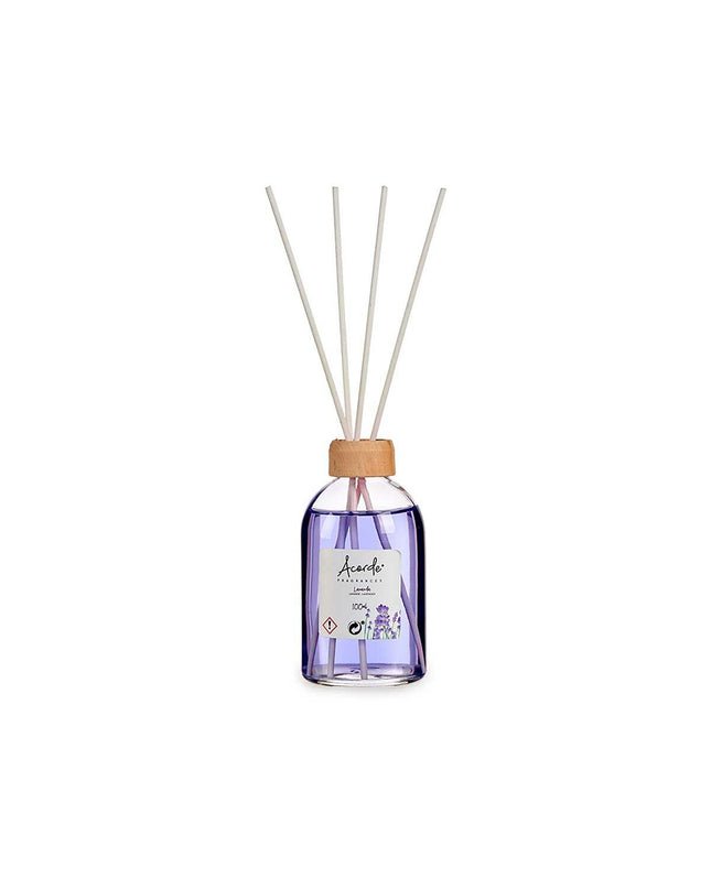 Acorde Acorde Lavendel parfum sticks in a 100 ml set, displayed with 12 lavender-scented reed diffuser sticks for home decor and ambiance.