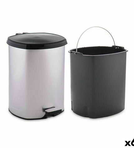 Set of six Berilo silver plastic pedal trash bins, 6-liter capacity, ideal for home kitchen storage and organization.