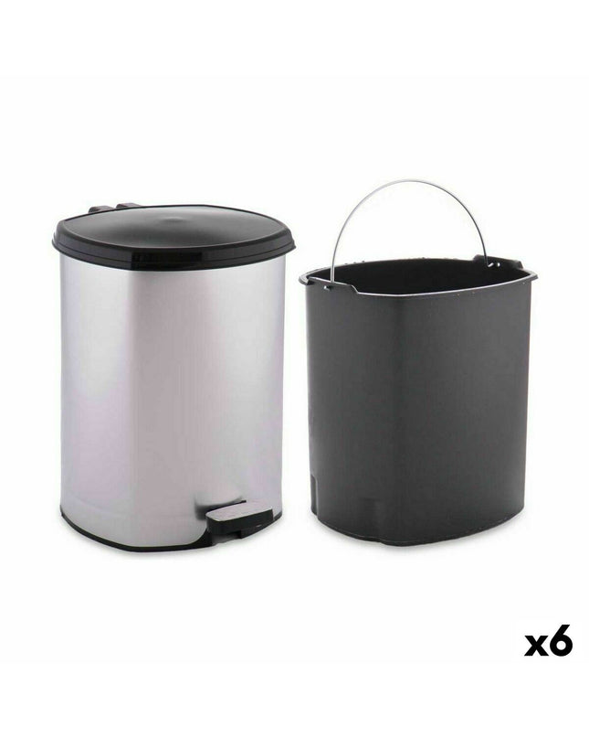 Set of six Berilo silver plastic pedal trash bins, 6-liter capacity, ideal for home kitchen storage and organization.