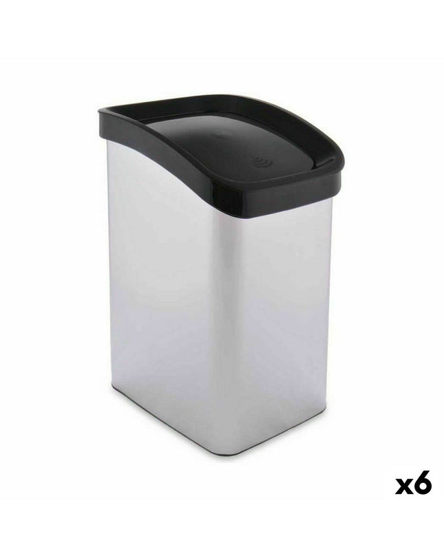Six silver-colored plastic waste bins, 12L capacity, Berilo brand, rectangular shape, suitable for home and kitchen storage.