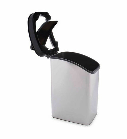Set of six silver plastic 12L Berilo waste bins with hinged lids for home kitchen storage and organization.