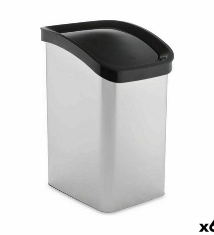Six silver-colored plastic waste bins with 23L capacity, Berilo brand, featuring a hinged lid for kitchen and household storage.