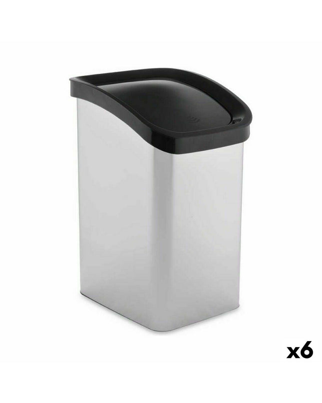 Six silver-colored plastic waste bins with 23L capacity, Berilo brand, featuring a hinged lid for kitchen and household storage.