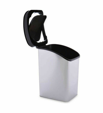 Six silver-colored Berilo plastic waste bins with 23L capacity, each with a slanted design for kitchen and home organization.