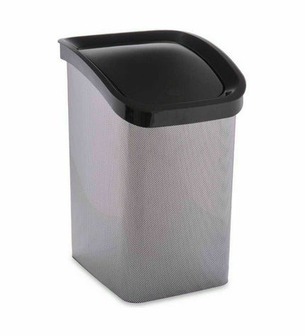 Six dark gray Berilo plastic 23L waste bins with angled lids, ideal for household storage and organization.
