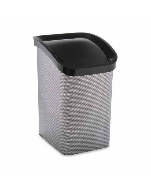 Six dark gray Berilo plastic 23L waste bins with angled lids, ideal for household storage and organization.
