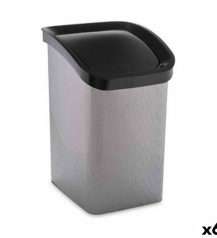 Six dark gray Berilo 23L plastic waste bins with angled lids, ideal for home kitchen storage and organization.