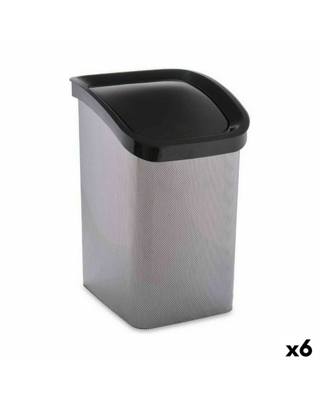 Six dark gray Berilo 23L plastic waste bins with angled lids, ideal for home kitchen storage and organization.