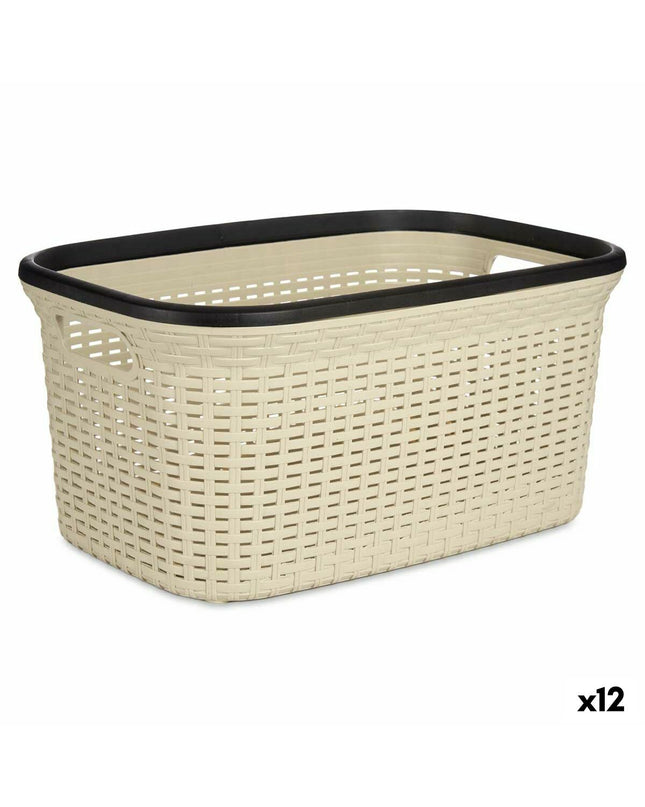 Kipit Zwart Crème plastic laundry baskets, 36 L capacity, 36x25.5x52.5 cm, shown in a set of 12, for home organization.