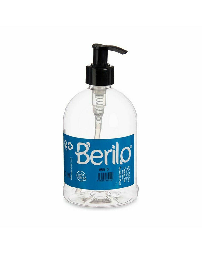 Set of 12 Berilo black transparent plastic soap dispensers, 500 ml capacity, suitable for bathroom and kitchen use.