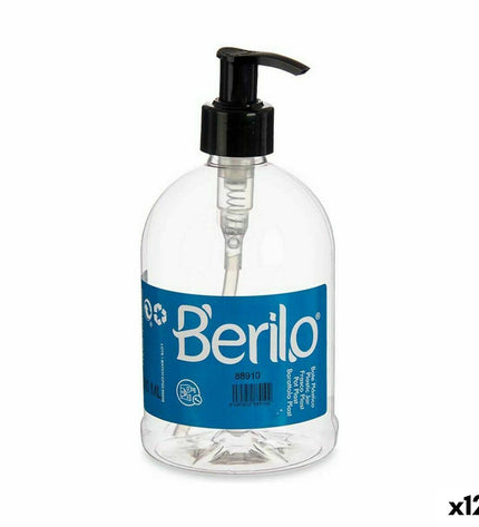 Set of 12 Berilo black transparent plastic soap dispensers, 500 ml capacity, suitable for bathroom and kitchen use.