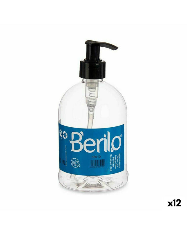 Set of 12 Berilo black transparent plastic soap dispensers, 500 ml capacity, suitable for bathroom and kitchen use.