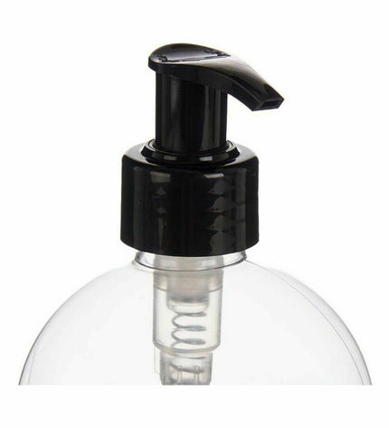 Set of 12 black and transparent plastic soap dispensers by Berilo, 500 ml, with dimensions 8x16.5x8 cm, for bathroom use.