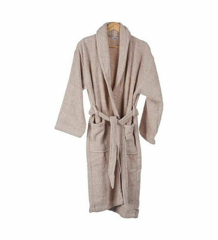 Set of six beige Berilo bath robes in size L/XL, featuring soft, comfortable fabric for home and bathing use.