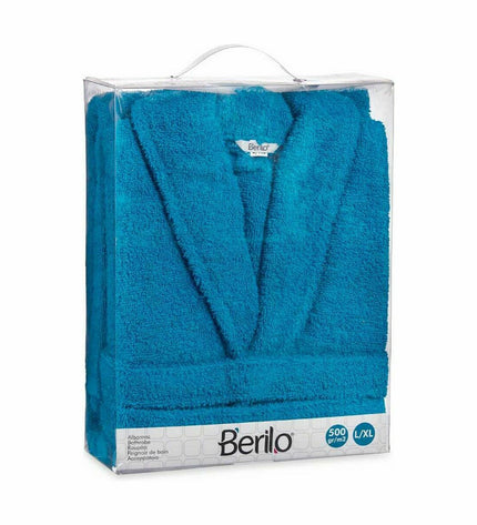 Set of six blue Berilo bath towels in L/XL size, neatly folded with textured fabric showing.