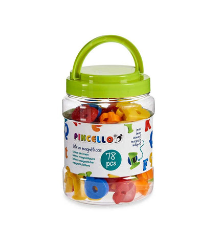 Colorful Pincello plastic magnetic letter set for children, featuring multicolored uppercase and lowercase letters for educational play.