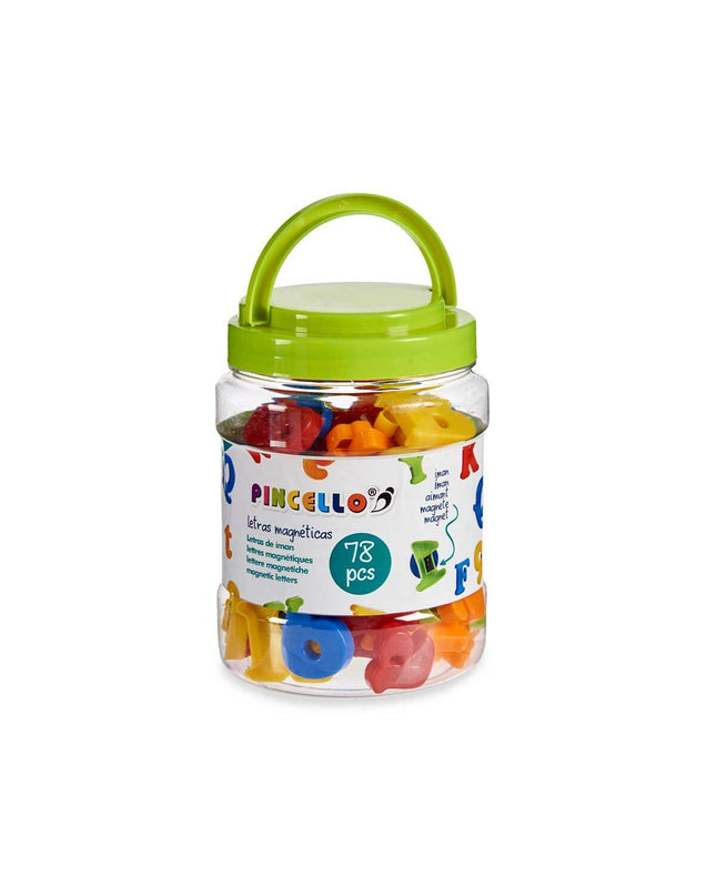 Colorful Pincello plastic magnetic letter set for children, featuring multicolored uppercase and lowercase letters for educational play.