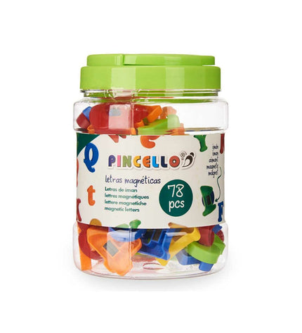 Multicolored plastic magnetic letters Pincello for educational play and learning activities, featuring uppercase P and other alphabet letters.