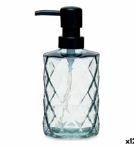 Set of 12 Berilo black crystal plastic soap dispensers for bathroom and kitchen, 360 ml and 410 ml, compact size with diamond accents.