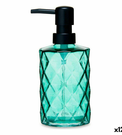 Set of 12 green Berilo crystal plastic soap dispensers with diamond design, 360 ml and 410 ml, suitable for bathroom and kitchen.