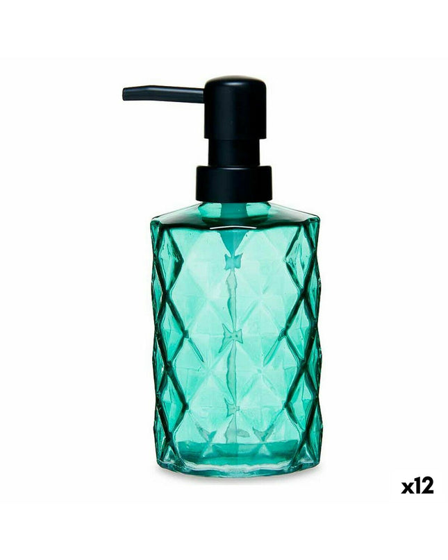 Set of 12 green Berilo crystal plastic soap dispensers with diamond design, 360 ml and 410 ml, suitable for bathroom and kitchen.