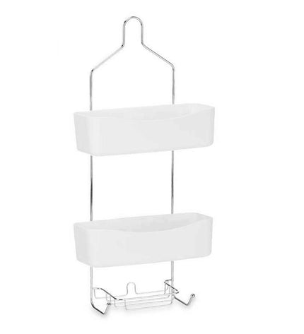 Set of six Berilo white metal and plastic bathroom shelves, 28x60x14 cm, ideal for bathroom organization and storage.