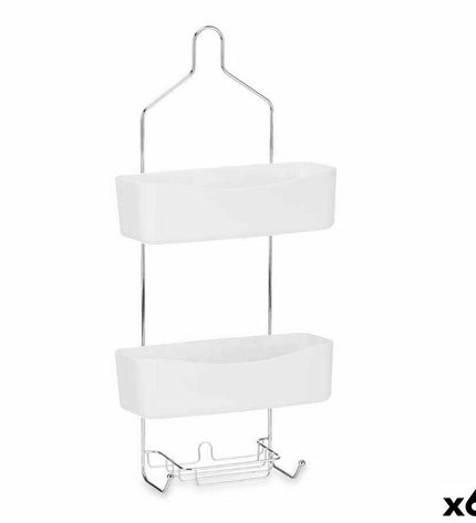 Set of six Berilo white metal and plastic bathroom shelves, 28x60x14 cm, suitable for bathroom and kitchen storage.