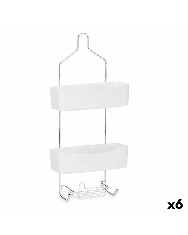 Set of six Berilo white metal and plastic bathroom shelves, 28x60x14 cm, suitable for bathroom and kitchen storage.