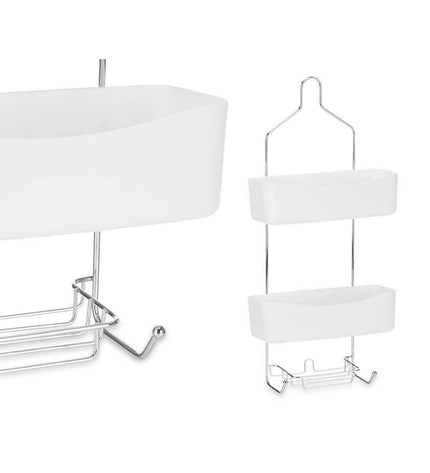 Set of six Berilo white metal and plastic bathroom shelves, 28x60x14 cm, ideal for organizing bathroom space.