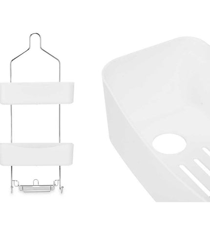Set of six Berilo white metal and plastic bathroom shelves, 28x60x14 cm, for bathroom organization and storage.
