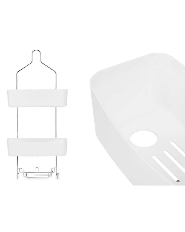 Set of six Berilo white metal and plastic bathroom shelves, 28x60x14 cm, for bathroom organization and storage.