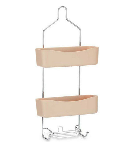 Set of six beige metal and plastic bathroom shelves measuring 28x60x14 cm by Berilo, ideal for organizing bathroom space.