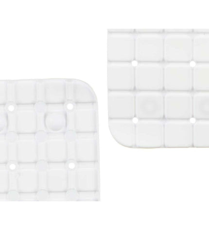 Set of six Berilo white PVC antislip mats for shower, 6 x 38 x 0.7 cm, with grid pattern for safety and grip in the bathroom.