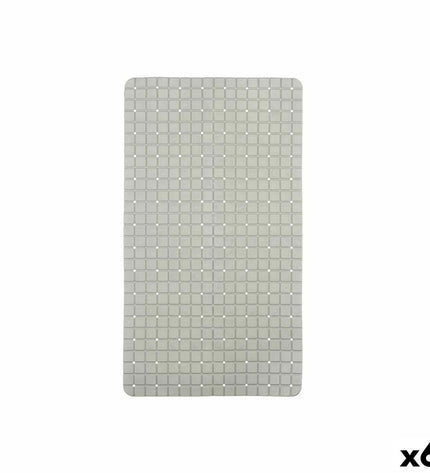Six gray Berilo PVC anti-slip mats for shower floors, measuring 67.7 x 38.5 cm, with a window pattern design.