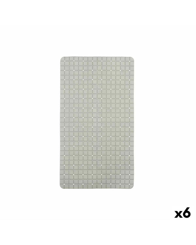 Six gray Berilo PVC anti-slip mats for shower floors, measuring 67.7 x 38.5 cm, with a window pattern design.
